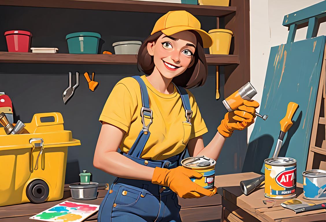Happy National DIY Day! A smiling person in casual attire, holding a toolbox, ready to tackle home improvement projects. Interior setting with paint cans and tools..