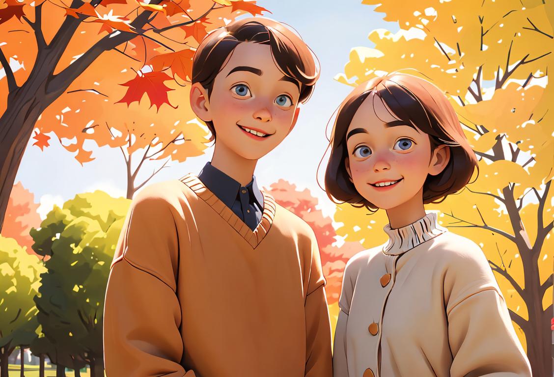 Two siblings standing side by side, smiling at each other. One sibling is wearing a cozy sweater and the other is wearing a playful summer dress, representing different fashion styles. They are surrounded by old family photographs, symbolizing nostalgia. The background showcases a park with autumn leaves falling, indicating a warm and peaceful setting..