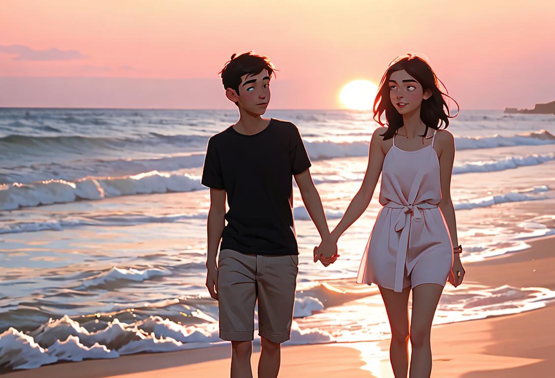 Young couple holding hands, walking on a beach during a beautiful sunset, wearing casual summer outfits, beach scene..