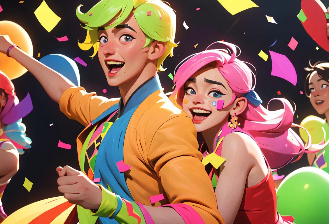 Young adults wearing colorful costumes, sharing a lighthearted dance, surrounded by playful prank props and vibrant confetti..