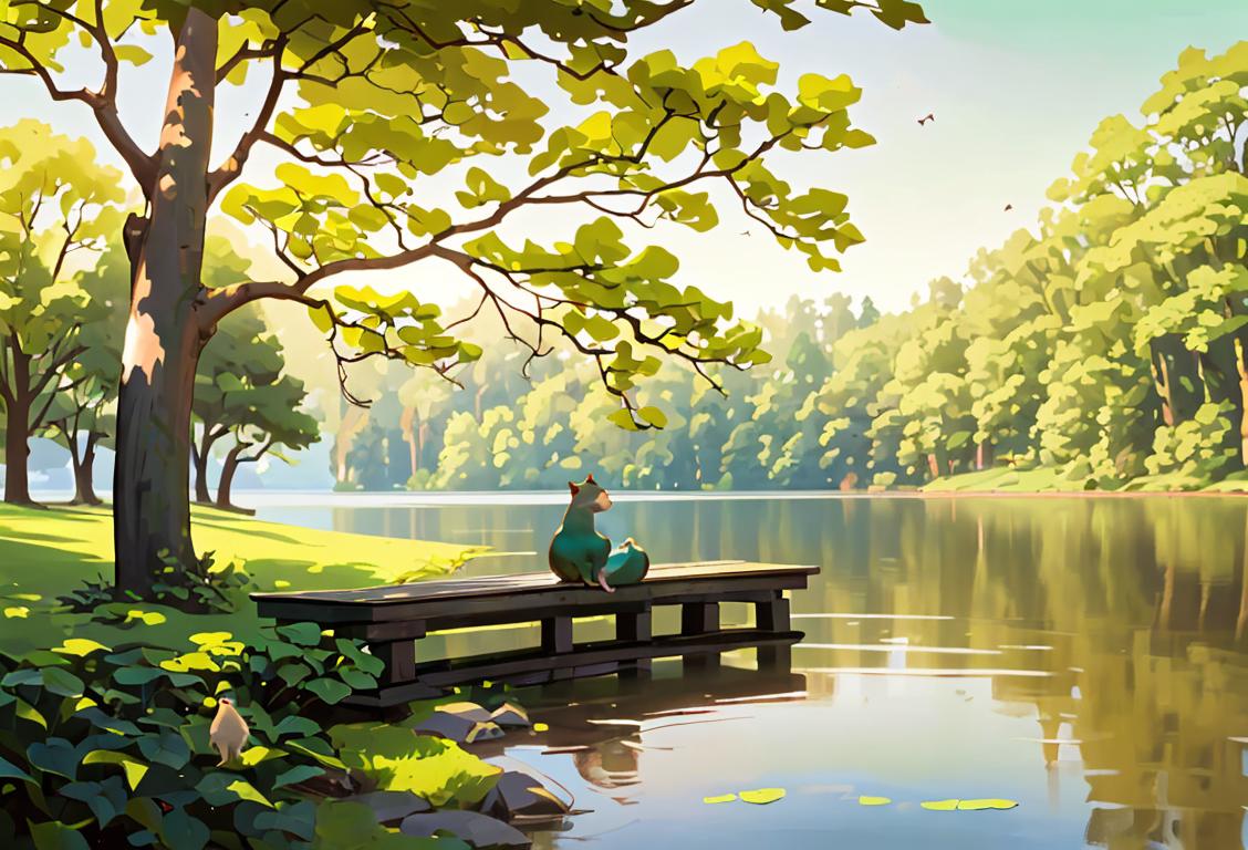 A serene landscape with a tranquil lake surrounded by lush greenery, capturing the essence of peace and quiet. A person, dressed in simple and comfortable clothing, sits on a wooden bench, eyes closed, basking in the stillness of the moment. Nearby, a squirrel nibbles on an acorn, undisturbed by the silence. The scene exudes a sense of harmony and invites viewers to appreciate the beauty of silence in nature..