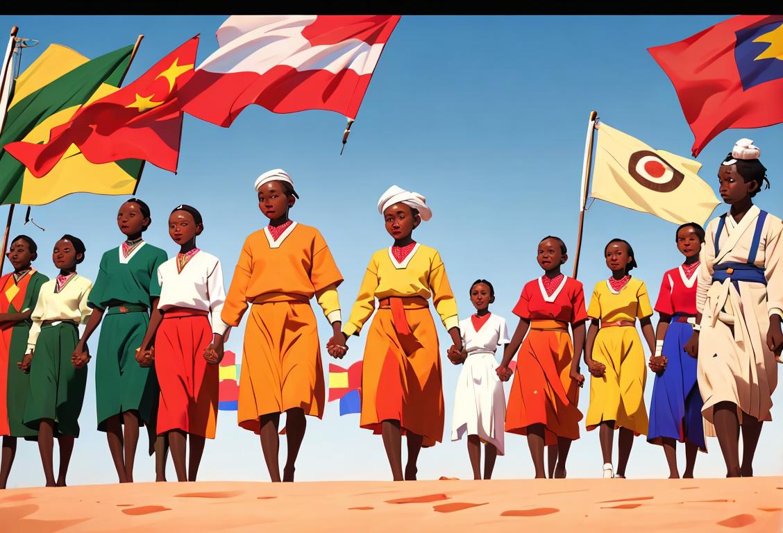 Group of diverse individuals, dressed in traditional attire, holding hands, against a backdrop of a vibrant national flag..
