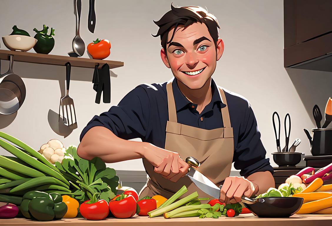 Person with a chef's apron and a mischievous grin holding a knife, surrounded by colorful vegetables and kitchen utensils..