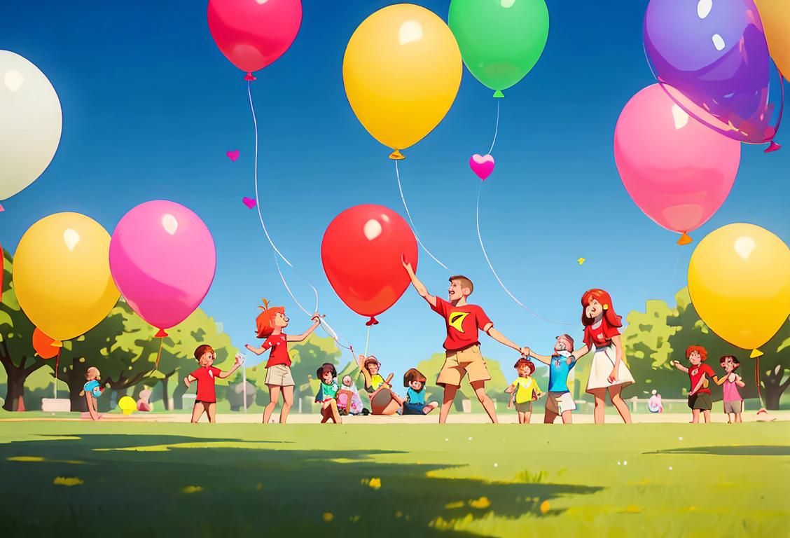 A diverse group of people named Alex Smith gathered together, wearing colorful t-shirts, in a park setting with balloons and banners, symbolizing love and appreciation..