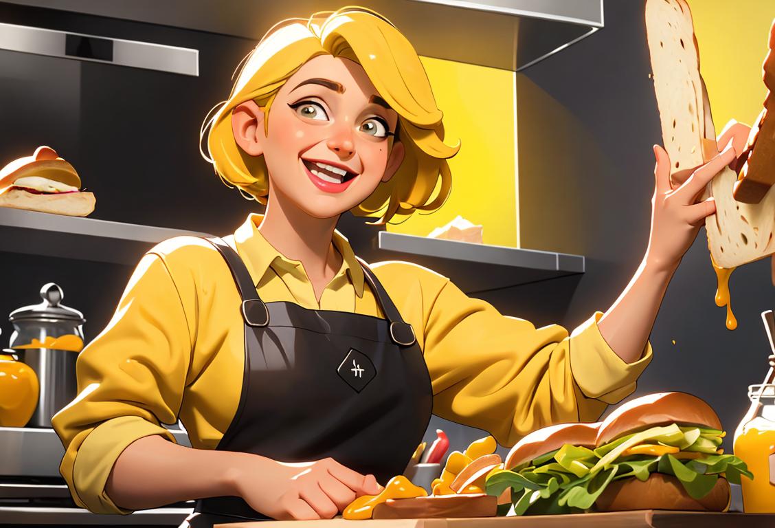 A cheerful person joyfully spreading mustard on a sandwich, wearing a colorful apron, in a vibrant kitchen setting..