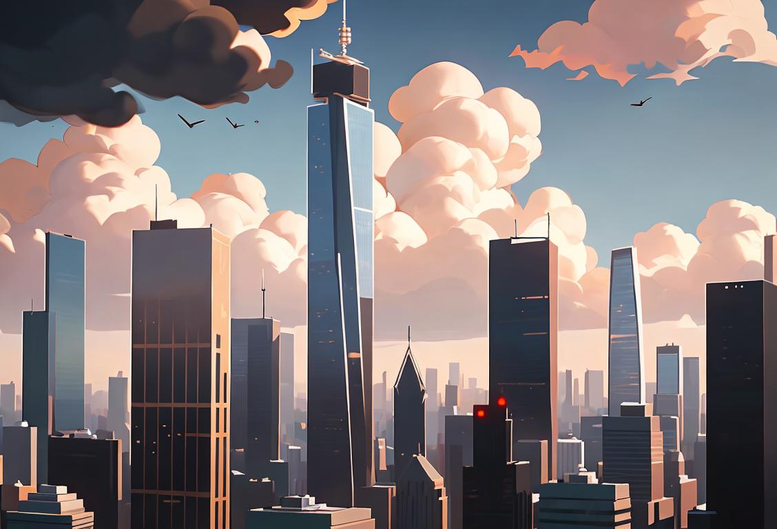Towering skyscrapers piercing the clouds, people in business attire bustling below, urban cityscape backdrop.
