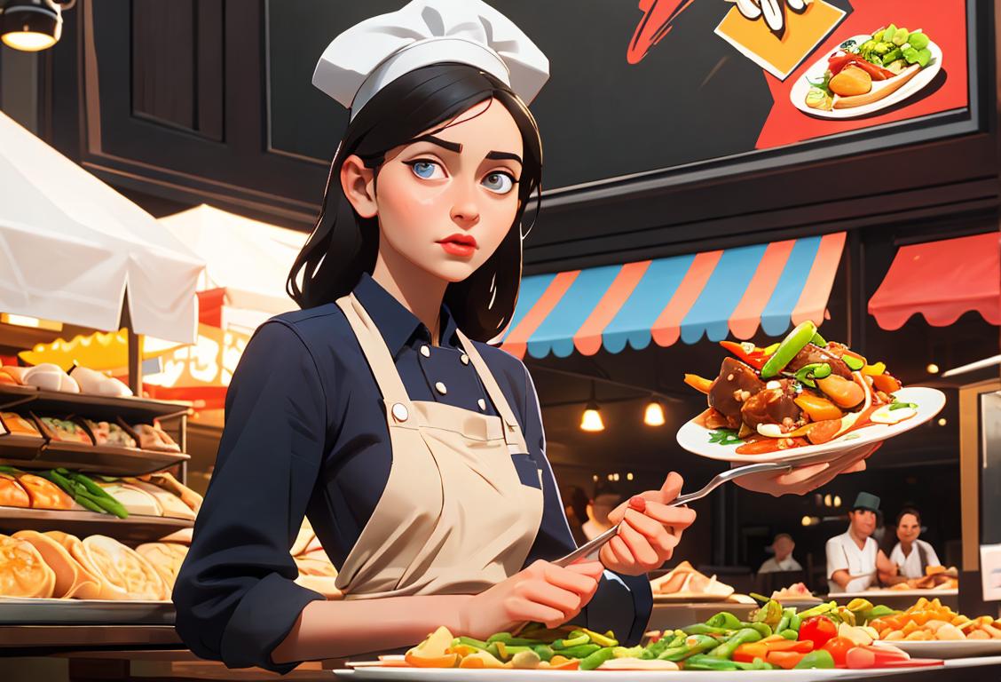 Young woman holding a fork, wearing a chef's hat, surrounded by a vibrant food market, showcasing diverse ingredients and cuisines..