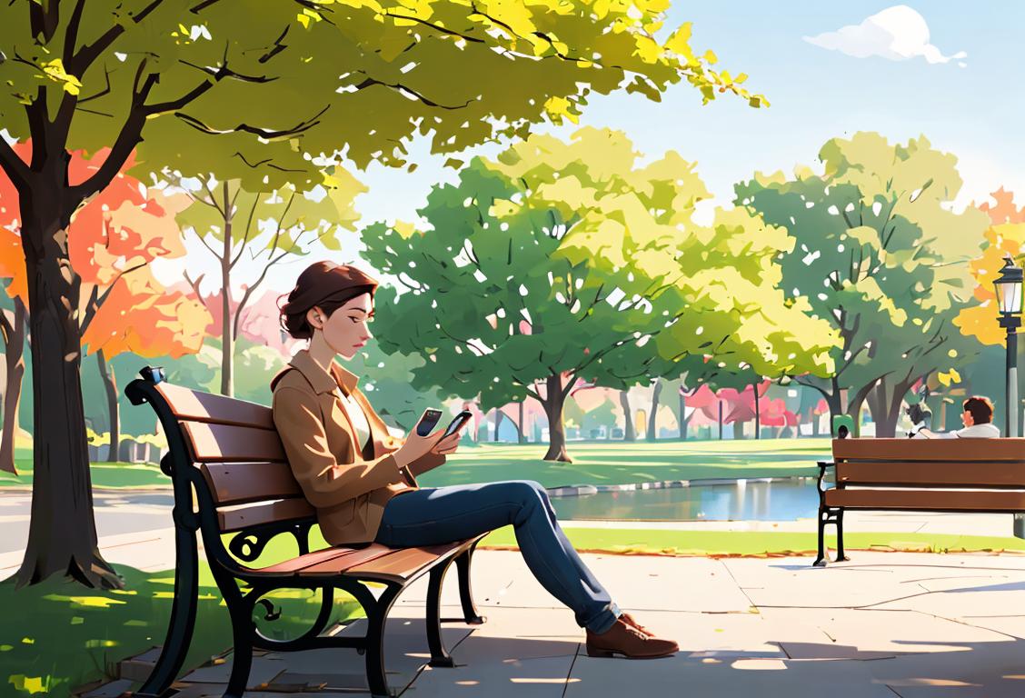 Young professional sitting on a park bench, casually dressed, holding a smartphone with multiple missed call notifications, surrounded by tranquil nature scenes..