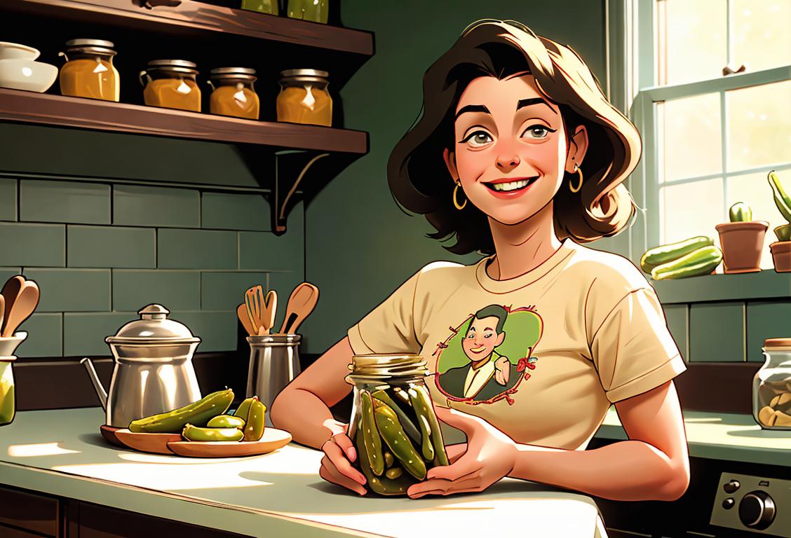 A smiling person holding a pickle jar, wearing a retro t-shirt, vintage fashion, old-style kitchen setting..