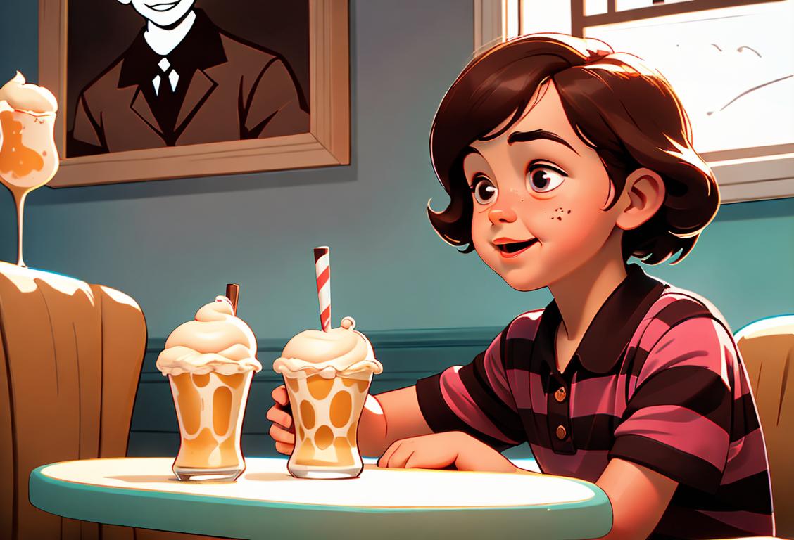 A joyful child with a root beer float in hand, wearing a vintage style striped shirt, 1950s diner scene..