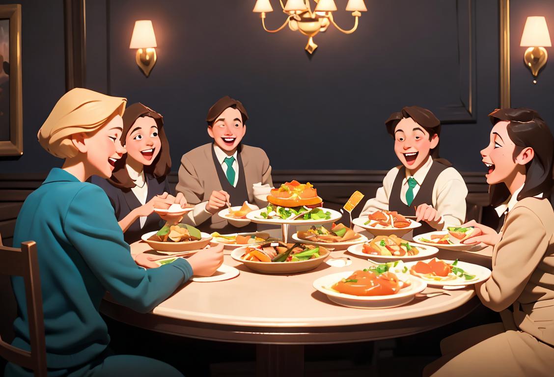 Young adults laughing while enjoying a delightful meal at a cozy restaurant, showcasing a variety of delicious dishes on the table, surrounded by Zeta fraternity/sorority memorabilia..