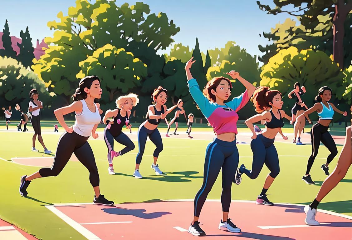 A group of diverse individuals in athletic wear, doing a motivating workout together in a scenic park setting..