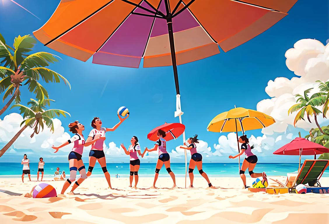A group of diverse individuals joyfully playing volleyball on a sunny beach, wearing colorful team jerseys, surrounded by palm trees and beach umbrellas.