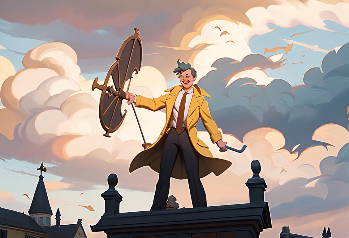 Happy weatherman holding a weather vane, with a bright sunny day and stormy clouds in the background. Stylishly dressed with a tie and a raincoat, in a bustling city setting..