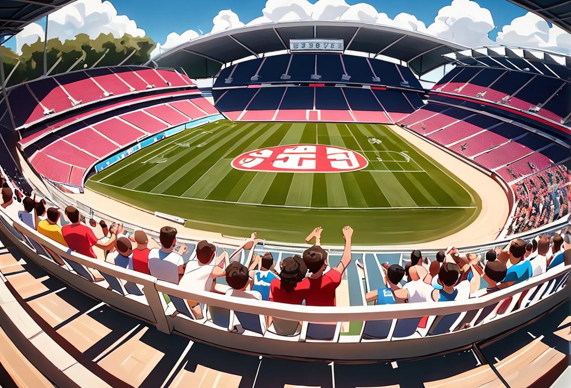 Excited fans filling a stadium, wearing team jerseys, cheering jubilantly, as sports stars showcase unparalleled skill and determination..