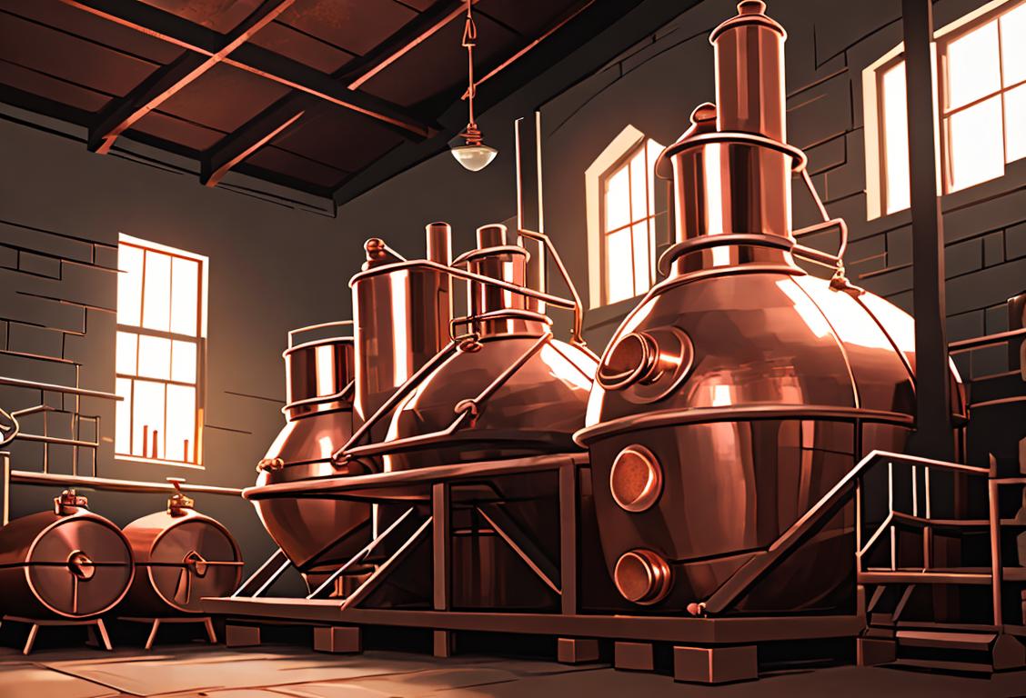 Craft distiller in a rustic setting, wearing a plaid shirt, surrounded by copper stills and barrels filled with aged spirits..