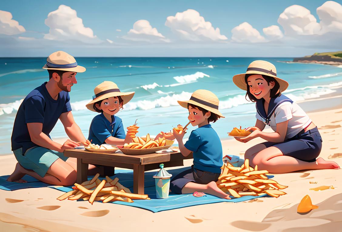 Image of a smiling family at a beach, enjoying a picnic with fish and chips. Kids wearing sailor hats, beach scene, sunny weather..