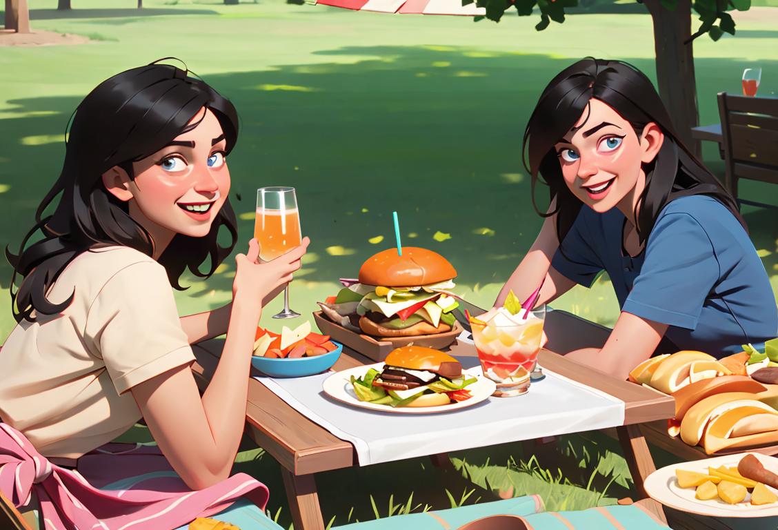 Happy people enjoying a variety of sliders, wearing casual clothes, picnic scene with food and drinks..