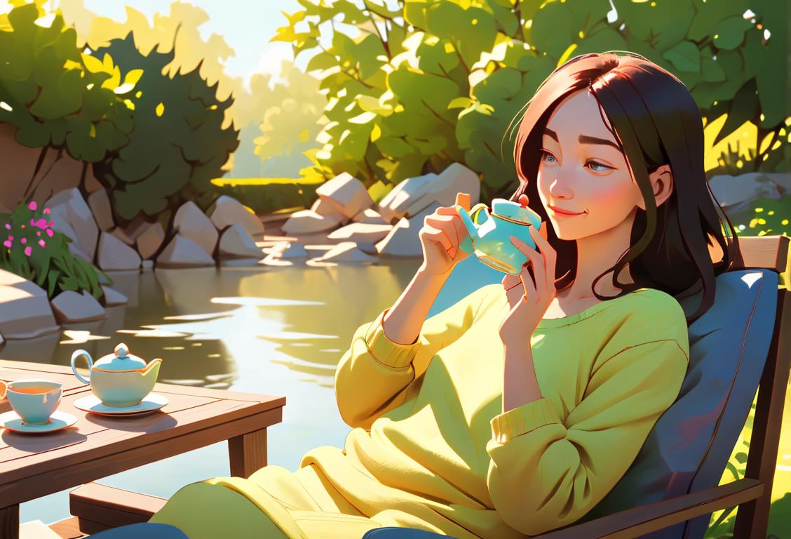 A joyful person in comfy clothes, relaxing with a cup of herbal tea in a serene outdoor setting..