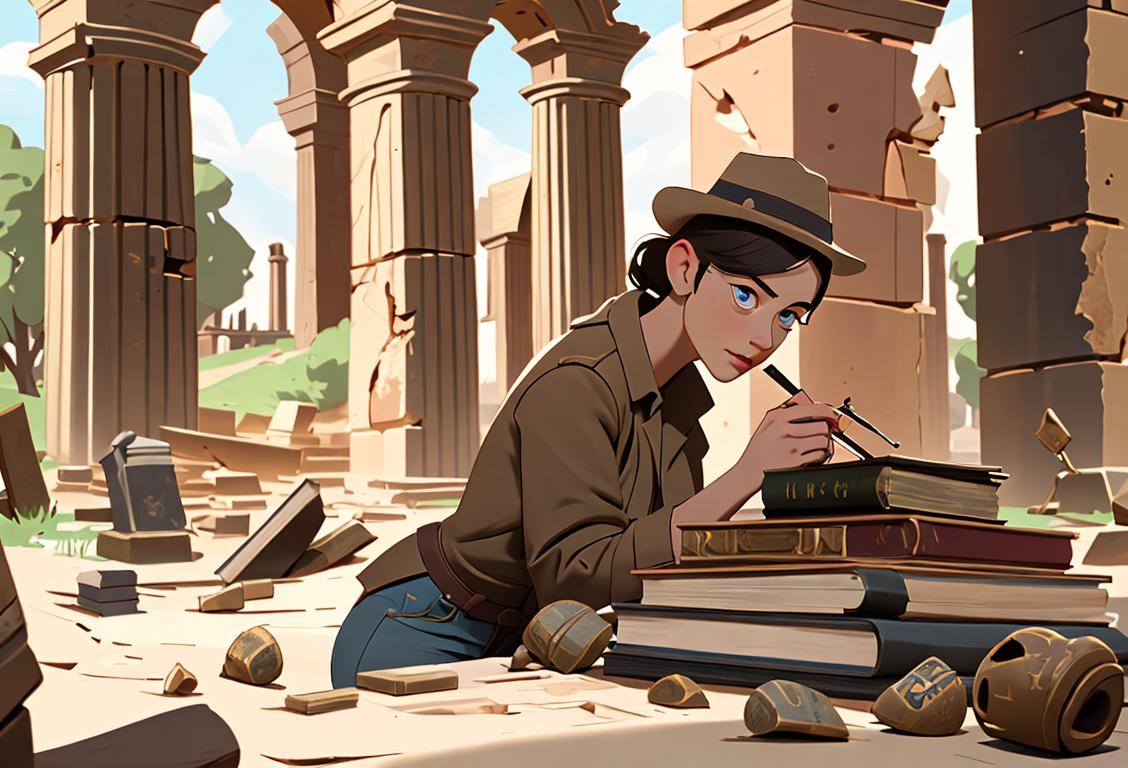 Young adult wearing an archaeologist hat, exploring ancient ruins, surrounded by artifacts and history books.
