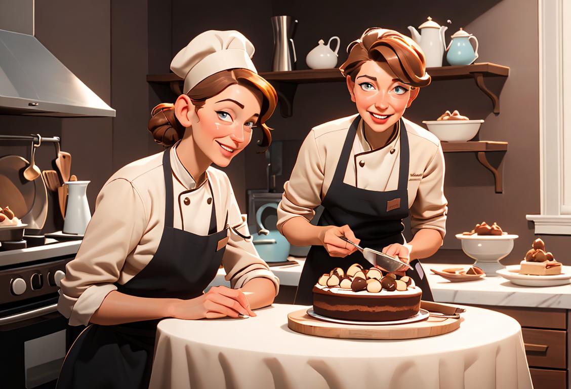 A joyful person holding a slice of hazelnut cake, wearing a chef's hat, surrounded by a cozy kitchen filled with baking ingredients..