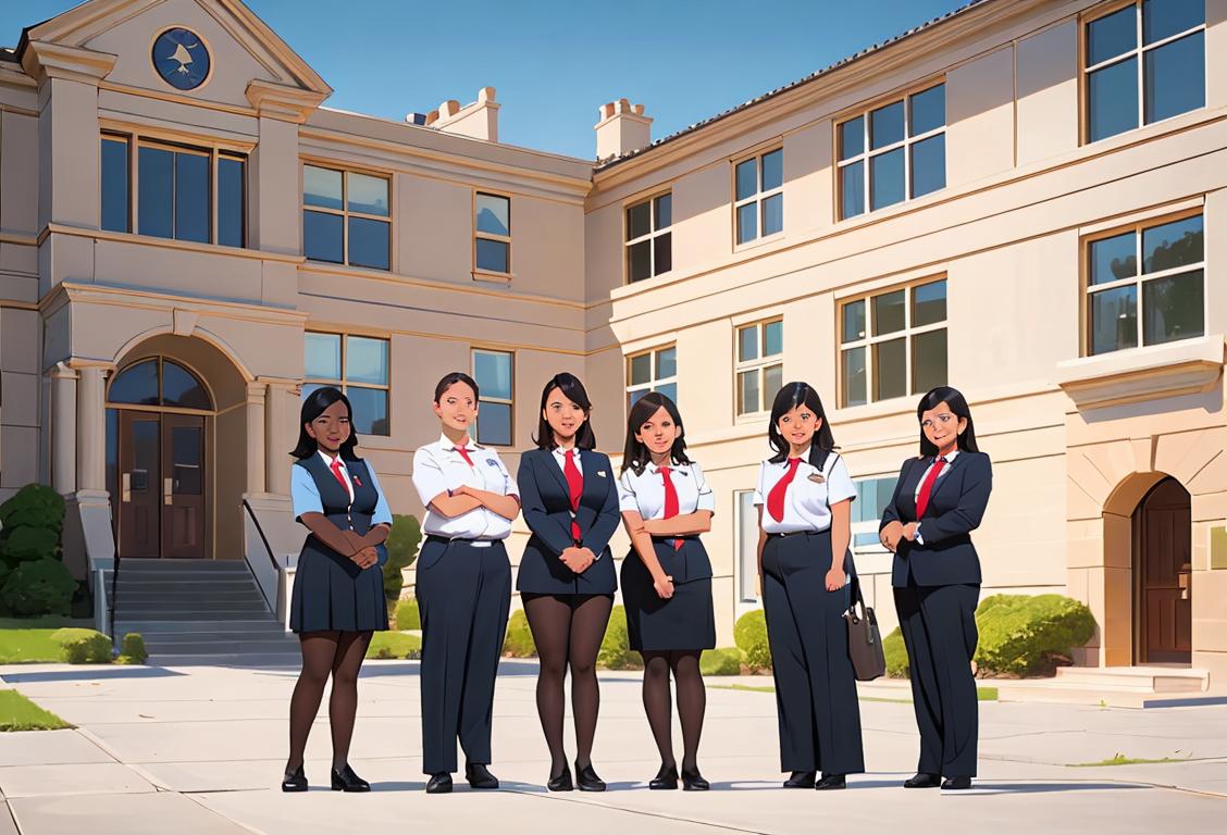 A diverse group of education support professionals standing together, wearing different uniforms, in front of a school building..