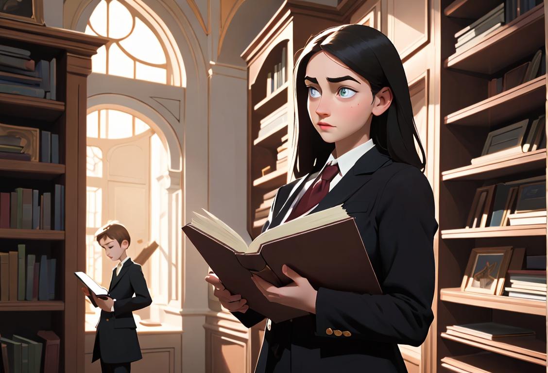 Young adult holding a book with a curious expression, dressed elegantly in a modern attire, surrounded by shelves filled with diverse knowledge..