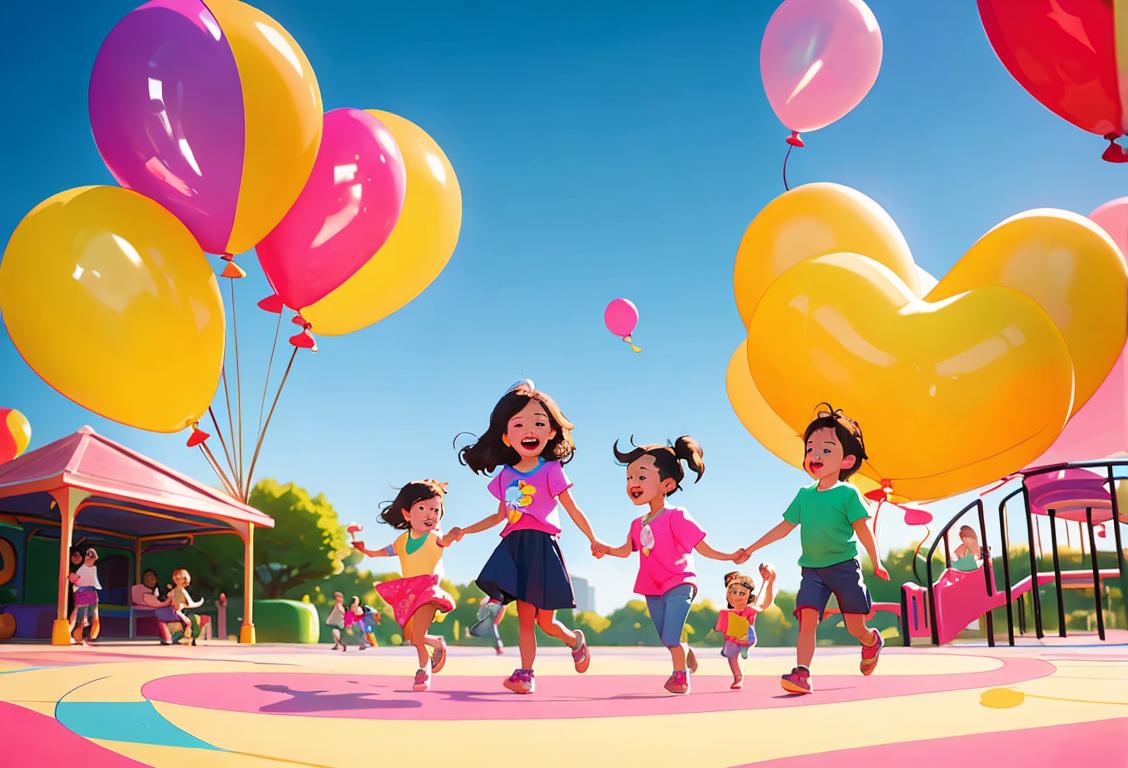 A group of adorable young children with diverse outfits and hairstyles, happily playing in a colorful playground surrounded by balloons..