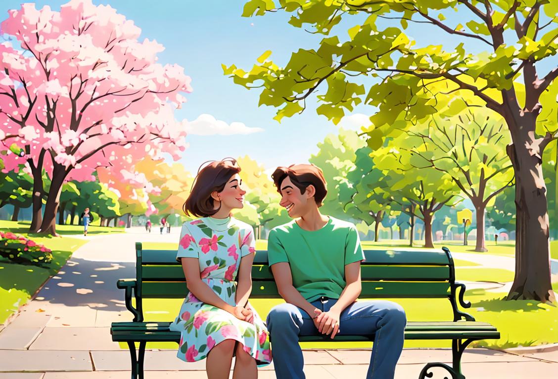 A happy couple sitting on a park bench, enjoying the sunshine and each other's company. The girlfriend is wearing a stylish sundress with floral print, while the boyfriend is casually dressed in jeans and a t-shirt. The scene features a beautiful park setting with lush green trees and colorful flowers in bloom..