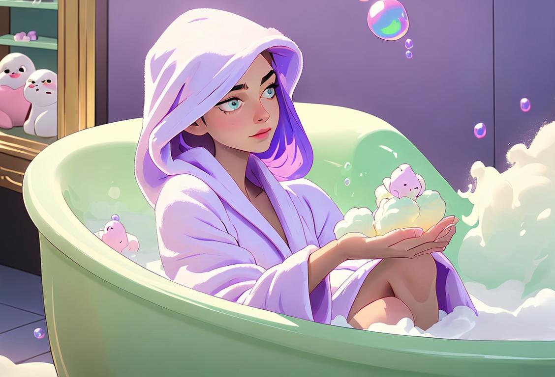 A person in a cozy bathrobe surrounded by fluffy white towels, with a bubble-filled bathtub and bath bombs in soothing colors like lavender and mint..