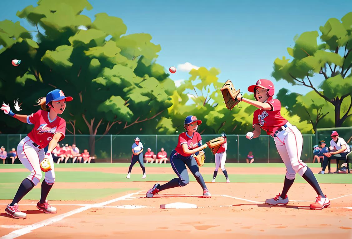 A group of diverse players in colorful softball uniforms, mid-game action in a vibrant park with cheering spectators..