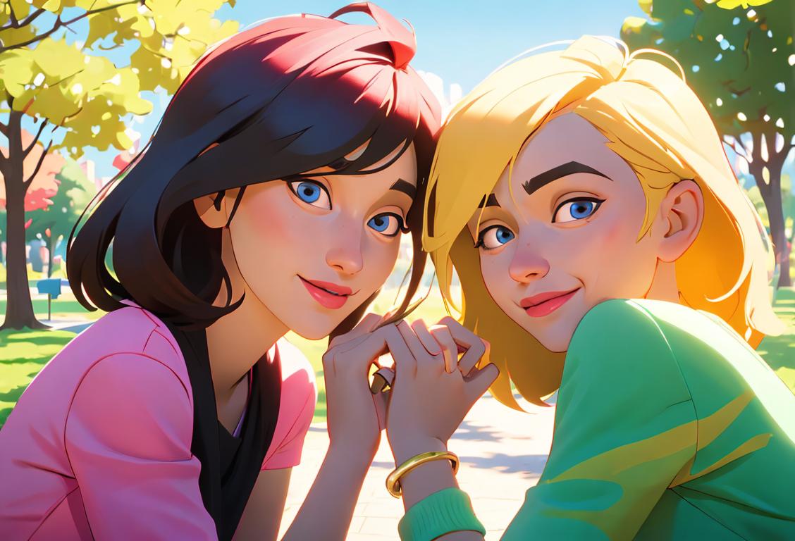 Two people connecting puzzle pieces together, wearing matching friendship bracelets, in a sunny park setting..