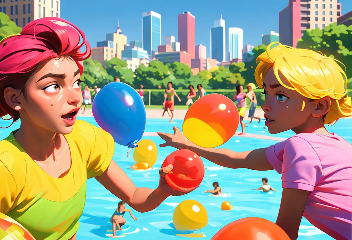 Group of diverse people having a playful water balloon fight in a sunny park, wearing colorful summer outfits, with a backdrop of a vibrant city skyline..