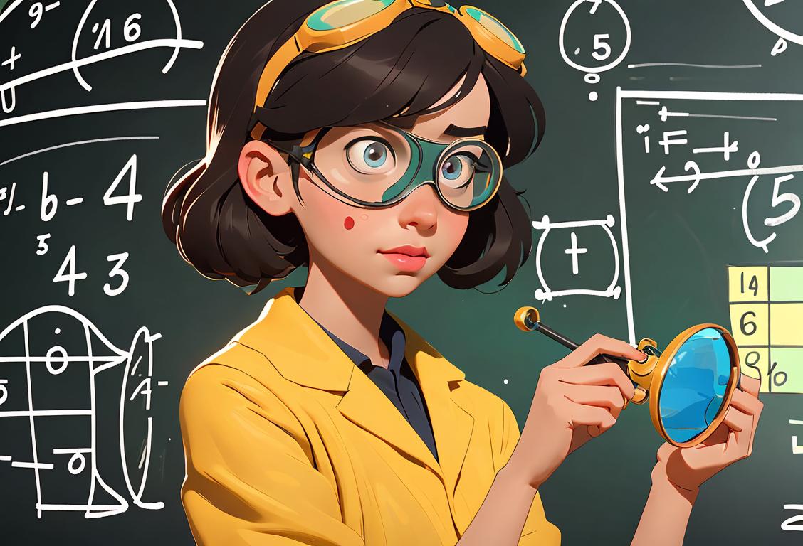 Young girl wearing safety goggles, holding a magnifying glass, surrounded by colorful science experiment materials and mathematical equations on a chalkboard..