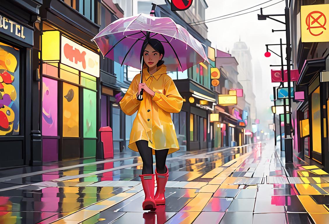 A person holding an umbrella, wearing a colorful raincoat and rain boots, walking through a city street amid falling raindrops..