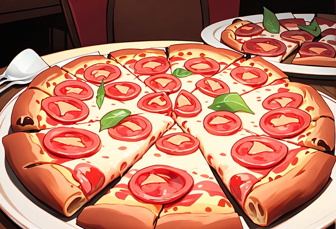 A table set with a freshly baked pepperoni pizza, surrounded by friends, high-fiving and laughing together..
