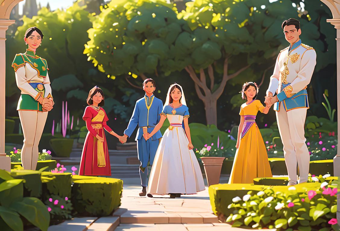 Group of diverse people, holding hands, wearing traditional dresses, in a beautiful garden setting, celebrating Heroes and Unity Day..