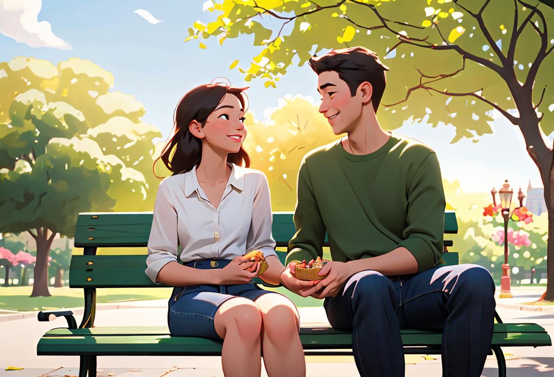 A loving couple sitting on a park bench, holding hands and sharing a smile. They are dressed in casual attire, with a picnic basket nearby, enjoying a peaceful outdoor setting..
