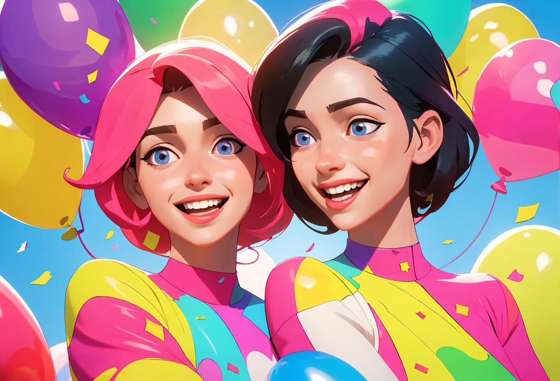 Two people, possibly wearing matching outfits, with big smiles on their faces, surrounded by colorful balloons and confetti..