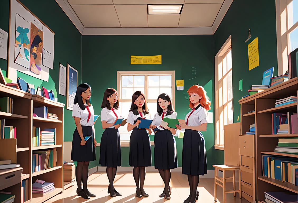 A diverse group of educational support professionals standing together, each representing a different role in the education system. They are dressed in their work attire and surrounded by books and school supplies..