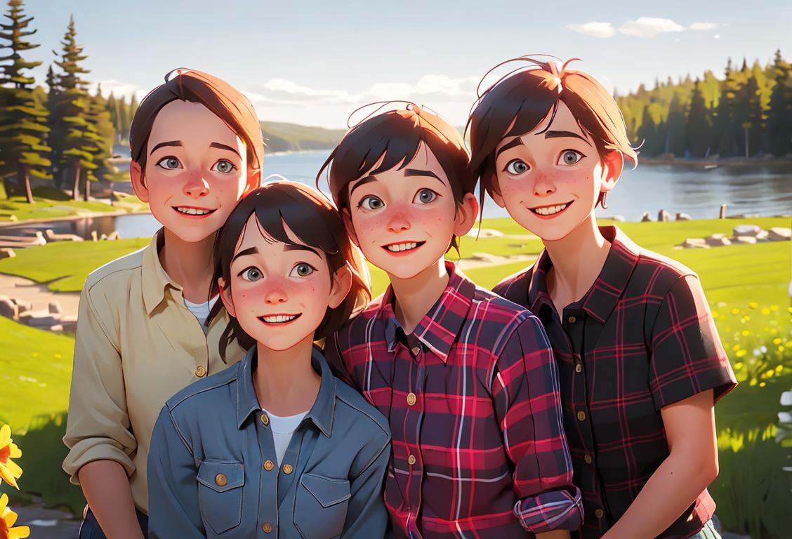 A group of happy Mainers of all ages, wearing plaid shirts and enjoying outdoor activities in a scenic Maine landscape..