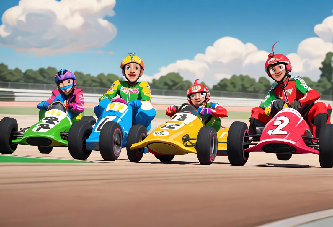 Group of diverse individuals of all ages racing go-karts in a vibrant outdoor racing track, wearing colorful racing suits and helmets..