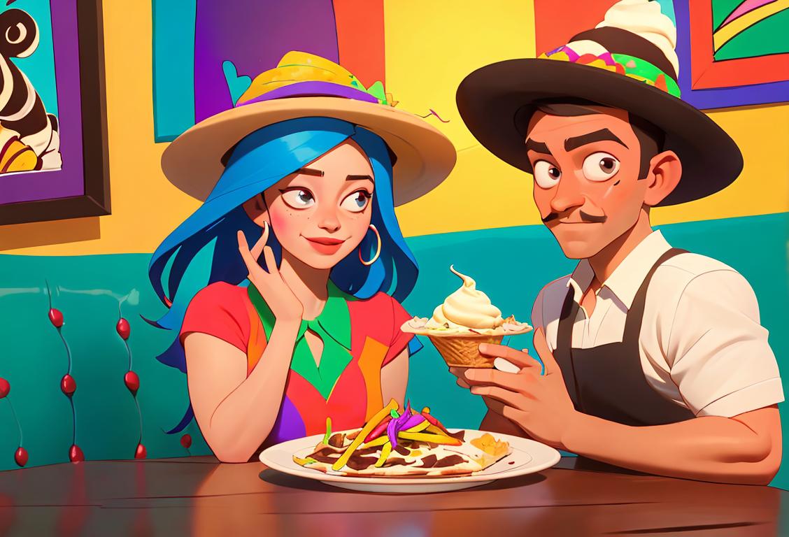 Young couple enjoying a slice of fajita ice cream pie, sitting in a vibrant Mexican restaurant, colorful sombreros and festive attire..