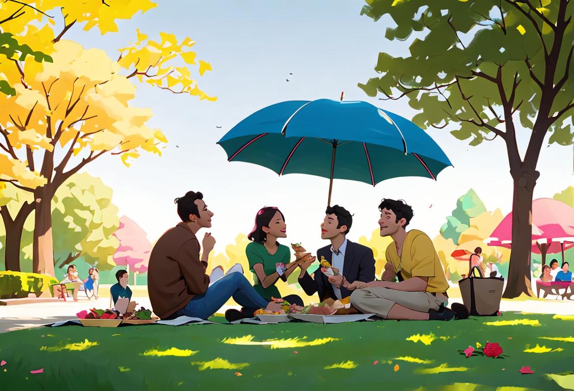 A group of diverse people named Darren, dressed in casual attire, enjoying a picnic in a sunny park..