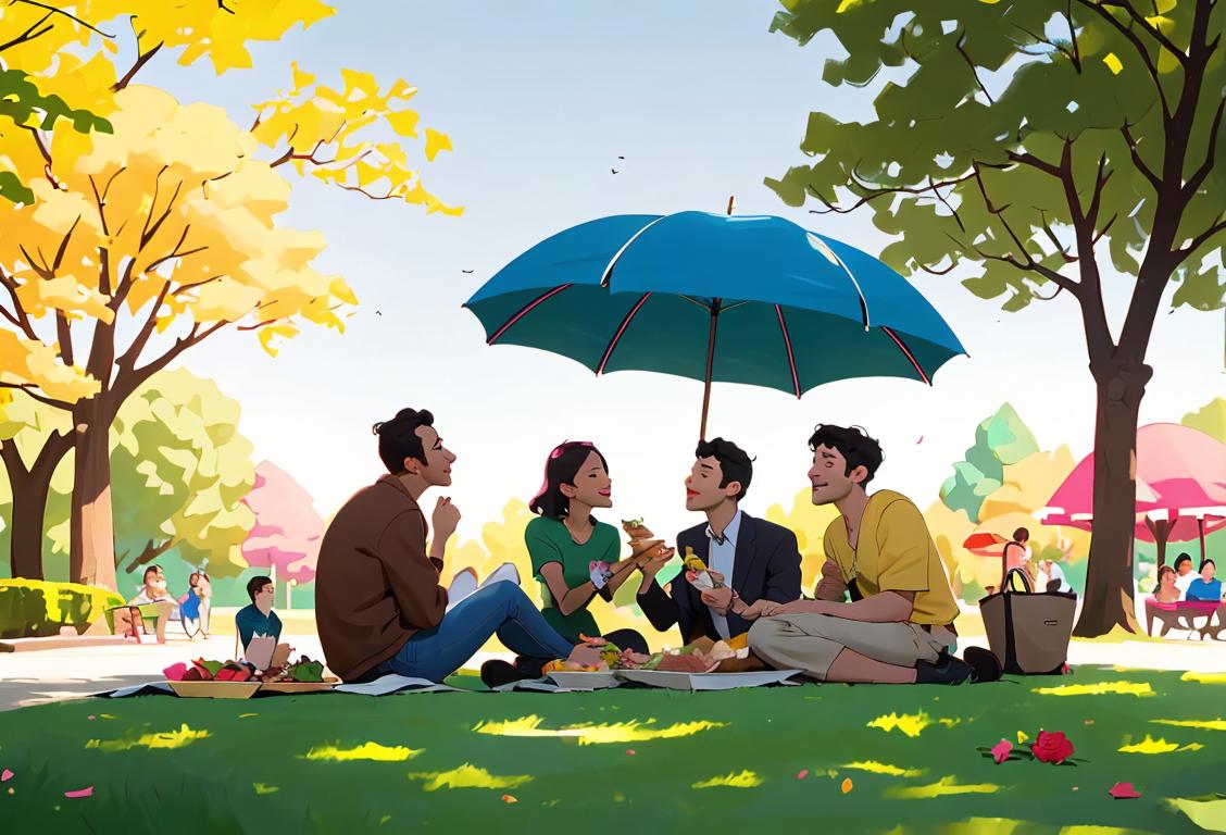 A group of diverse people named Darren, dressed in casual attire, enjoying a picnic in a sunny park..