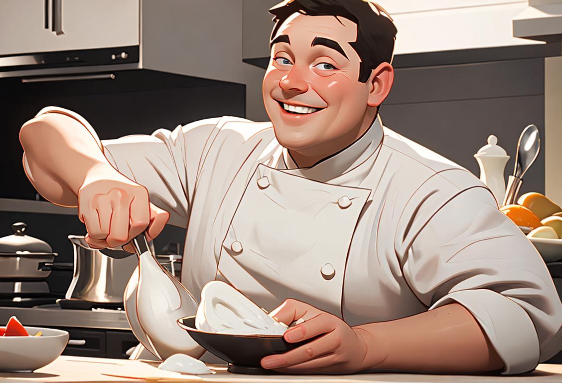A smiling chef in a white uniform, holding a salt shaker, surrounded by ingredients and a bustling kitchen scene..