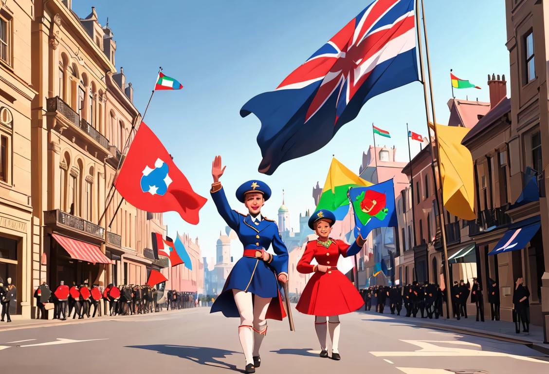 A group of diverse people, dressed in various stylish outfits, waving the national flag with enthusiasm in a bustling city street surrounded by historic buildings..