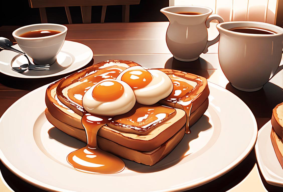 A cheerful person enjoying a plate of French toast topped with maple syrup, surrounded by vintage breakfast-inspired decor and wearing a cozy sweater..