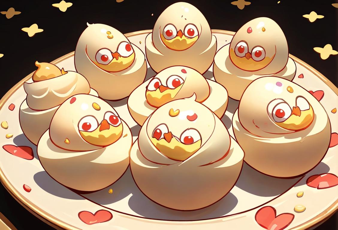 Happy eggs dressed as angels, surrounded by fluffy clouds, with golden halos and colorful sprinkles..