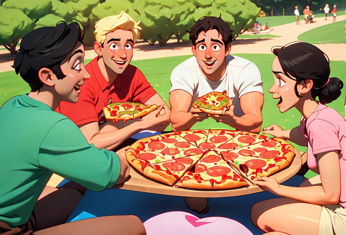 A group of friends happily sharing a large, cheesy pepperoni pizza at a lively outdoor picnic..